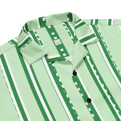 Good Wishes 365 pastel mint green button-down shirt with white vertical stripes and UPF50+ sun protection fabric.