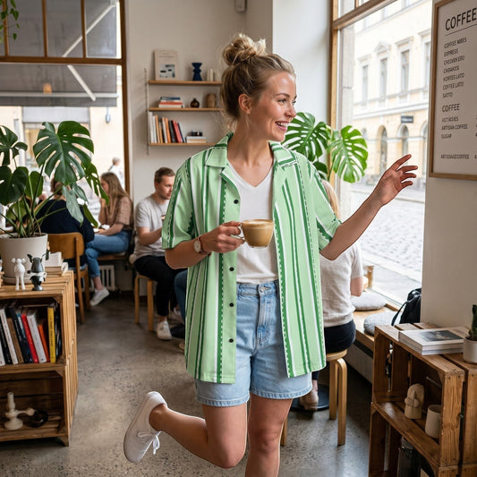Good Wishes 365 pastel mint striped short-sleeve button-down shirt with UPF50+ protection worn by a woman in a cafe.