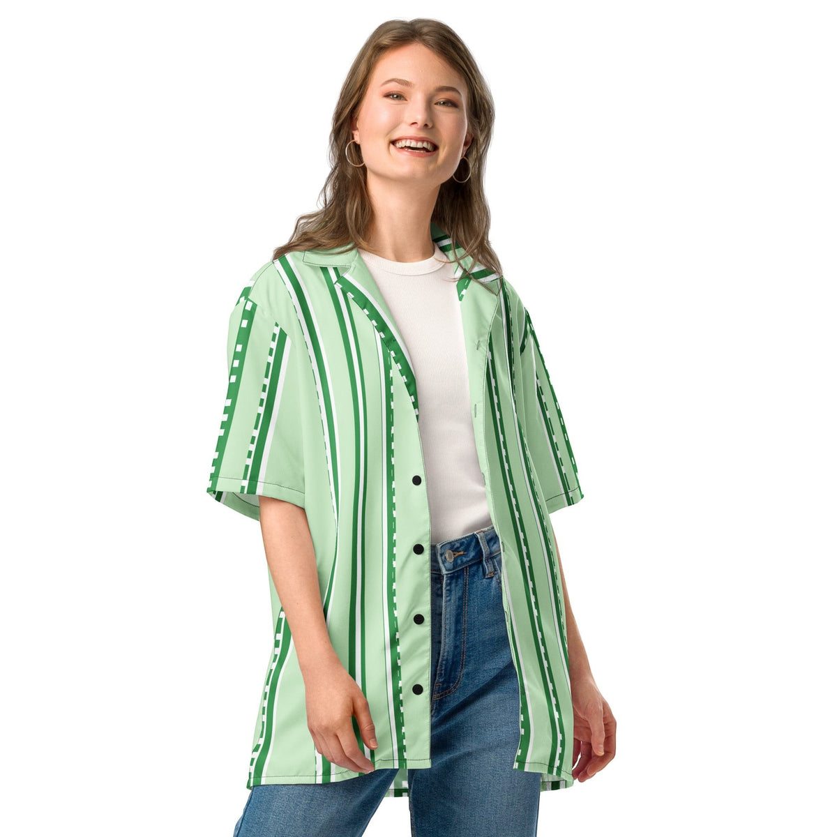 Good Wishes 365 pastel mint green striped button-down shirt with UPF50+ protection on a smiling model.