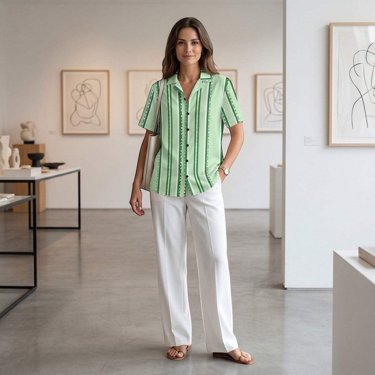 Good Wishes 365 pastel mint green striped button-down shirt with UPF50+ protection worn by a woman in an art gallery.