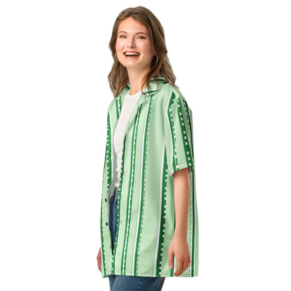 Good Wishes 365 unisex pastel mint green button-down shirt with vertical stripes and UPF50+ sun protection