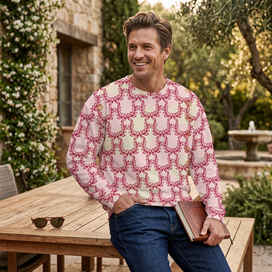 Good Wishes 365 unisex recycled sweatshirt with red laurel leaf crown print on misty rose, worn by a smiling man.