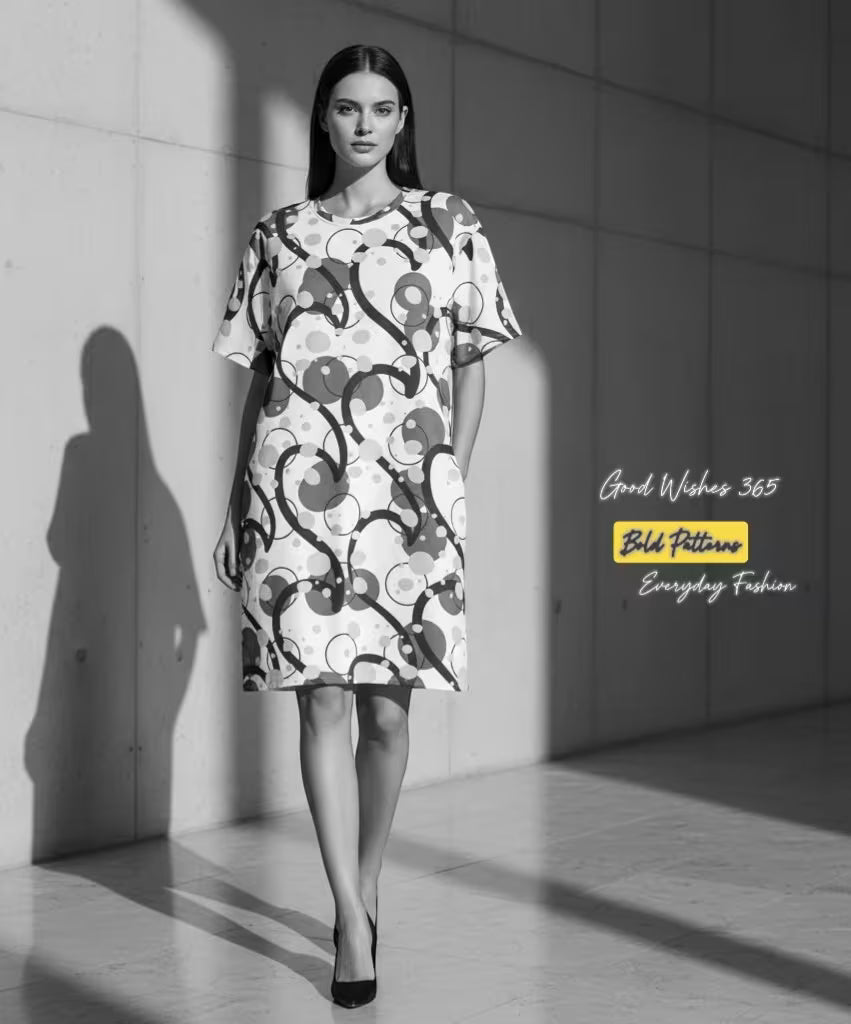 Good Wishes 365 Woman wearing a patterned dress standing in a modern indoor setting with 'Good Wishes 365 Bold Patterns Everyday Fashion' text.
