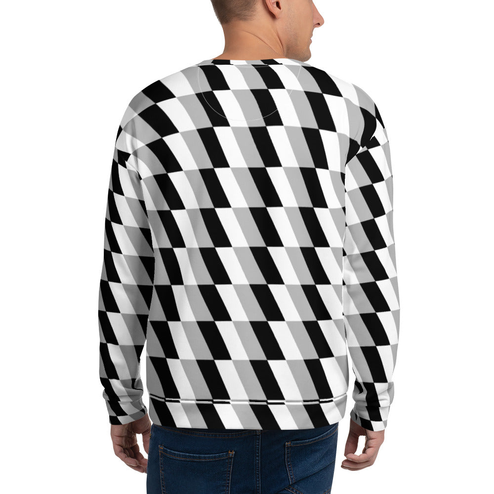 Good Wishes 365 unisex sweatshirt featuring a monochrome geometric optical illusion print in black, white, and gray.