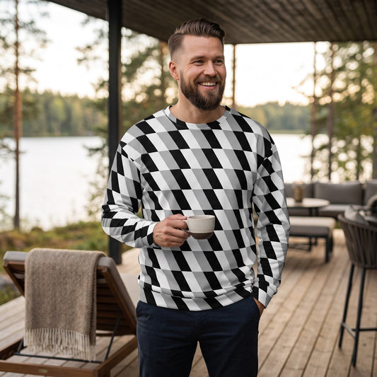 Good Wishes 365 unisex sweatshirt with a black, white, and gray geometric optical illusion print on a smiling man.