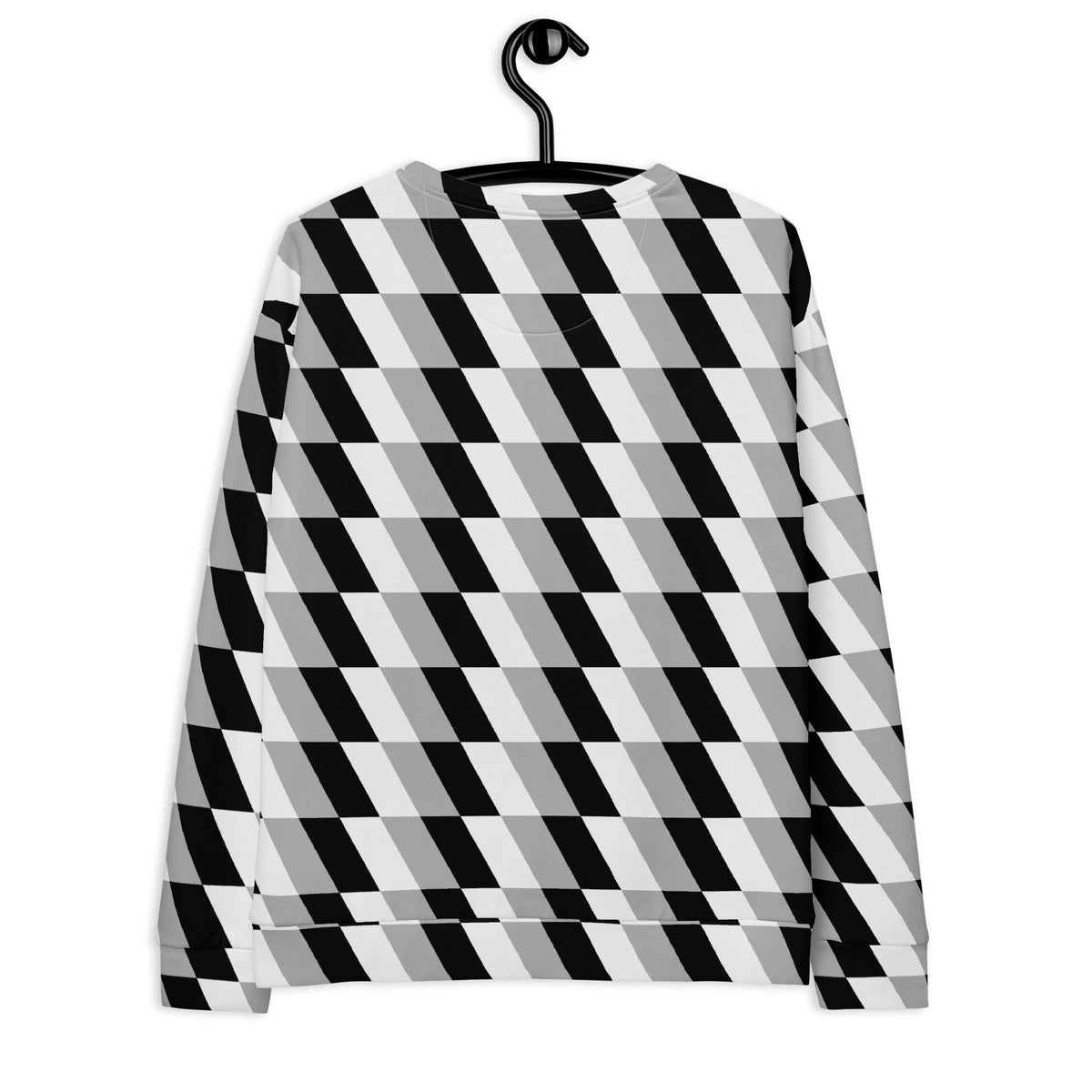 Good Wishes 365 unisex crew neck sweatshirt featuring a monochrome geometric optical illusion print in black and white.