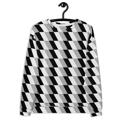 Good Wishes 365 unisex crew neck sweatshirt featuring a monochrome geometric optical illusion print in black and white.