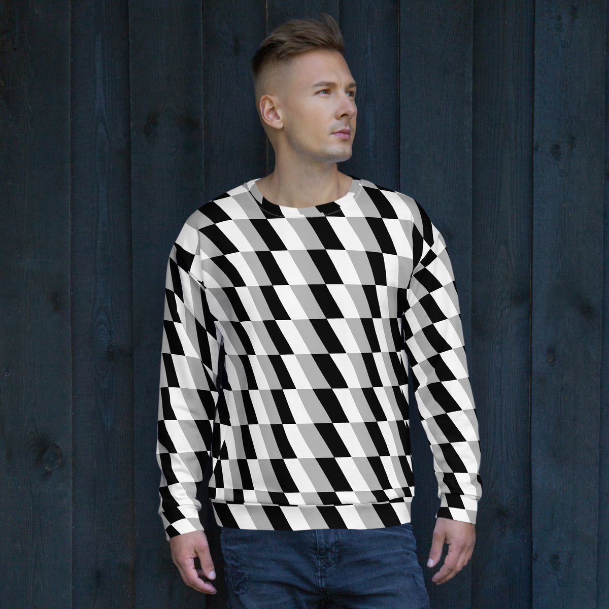 Good Wishes 365 unisex crew neck sweatshirt featuring a monochrome geometric optical illusion print in black and white.