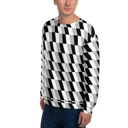 Good Wishes 365 unisex crew neck sweatshirt featuring a monochrome geometric optical illusion print in black and white