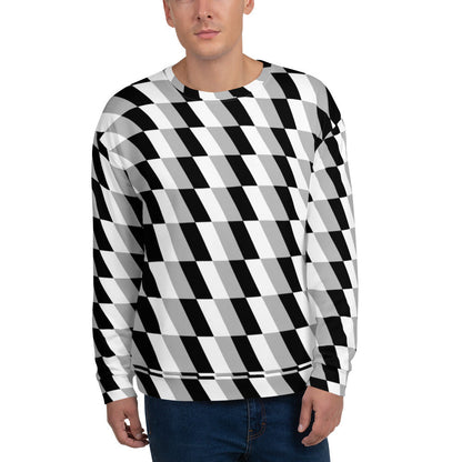 Good Wishes 365 unisex crew neck sweatshirt featuring a monochrome geometric optical illusion print in black and white
