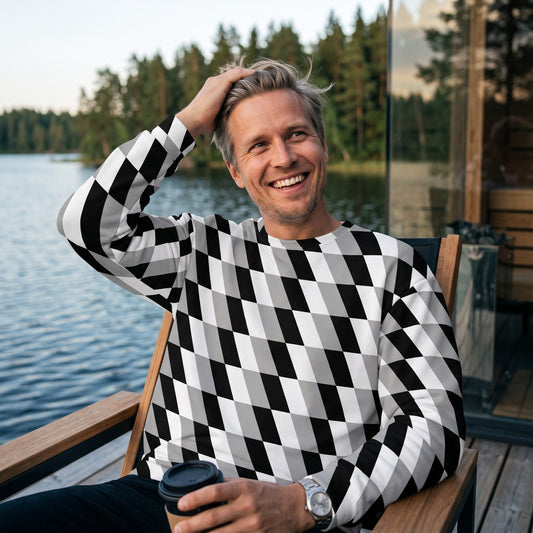 Good Wishes 365 unisex sweatshirt with a black, white, and gray optical illusion geometric print worn by a smiling man