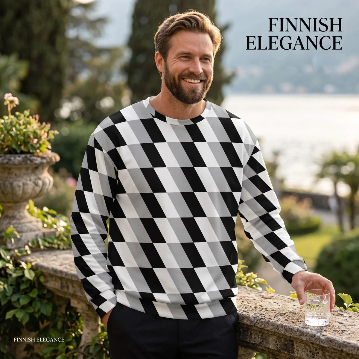 Good Wishes 365 unisex crew neck sweatshirt featuring a black, white, and gray geometric optical illusion print