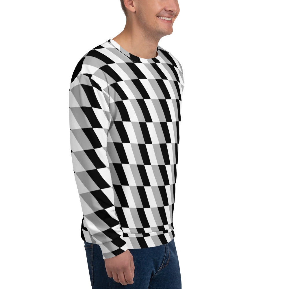 Good Wishes 365 unisex crew neck sweatshirt featuring a monochrome geometric optical illusion print in black and white