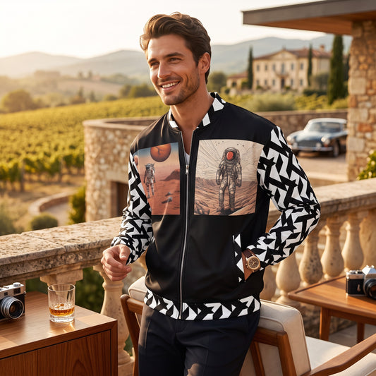 Good Wishes 365 unisex bomber jacket with moon landing graphic print, black and white geometric sleeves, and fleece.