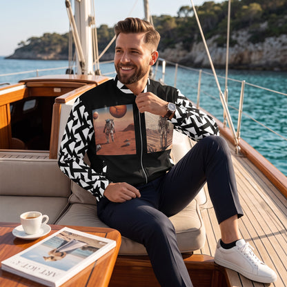 Good Wishes 365 unisex bomber jacket with moon landing print, worn by a man on a yacht.