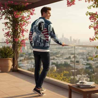 Good Wishes 365 unisex bomber jacket with moon landing astronaut print worn by a man on a balcony overlooking a city