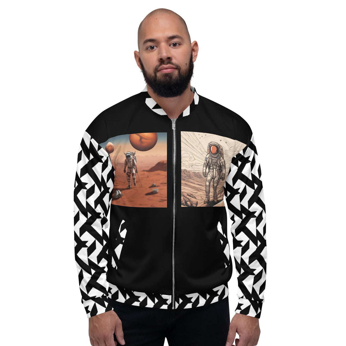 Good Wishes 365 unisex bomber jacket featuring a moon landing astronaut print and black and white geometric sleeves.