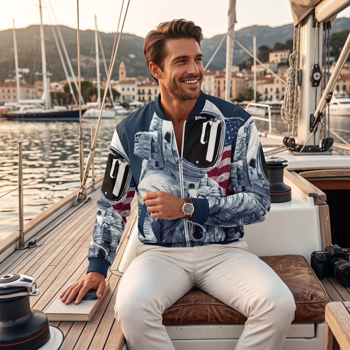 Good Wishes 365 unisex bomber jacket with moon landing print, worn by a smiling man on a sailboat deck.