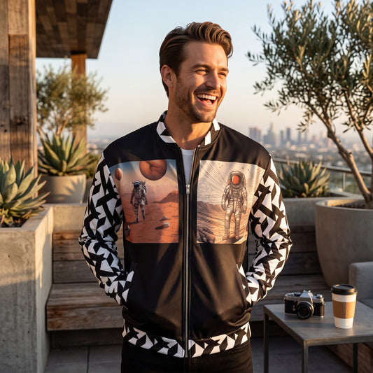 Good Wishes 365 unisex bomber jacket with moon landing print, black and white geometric patterns, and silver zipper.