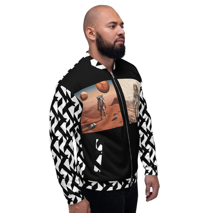 Good Wishes 365 unisex bomber jacket featuring a moon landing graphic with black and white geometric sleeves