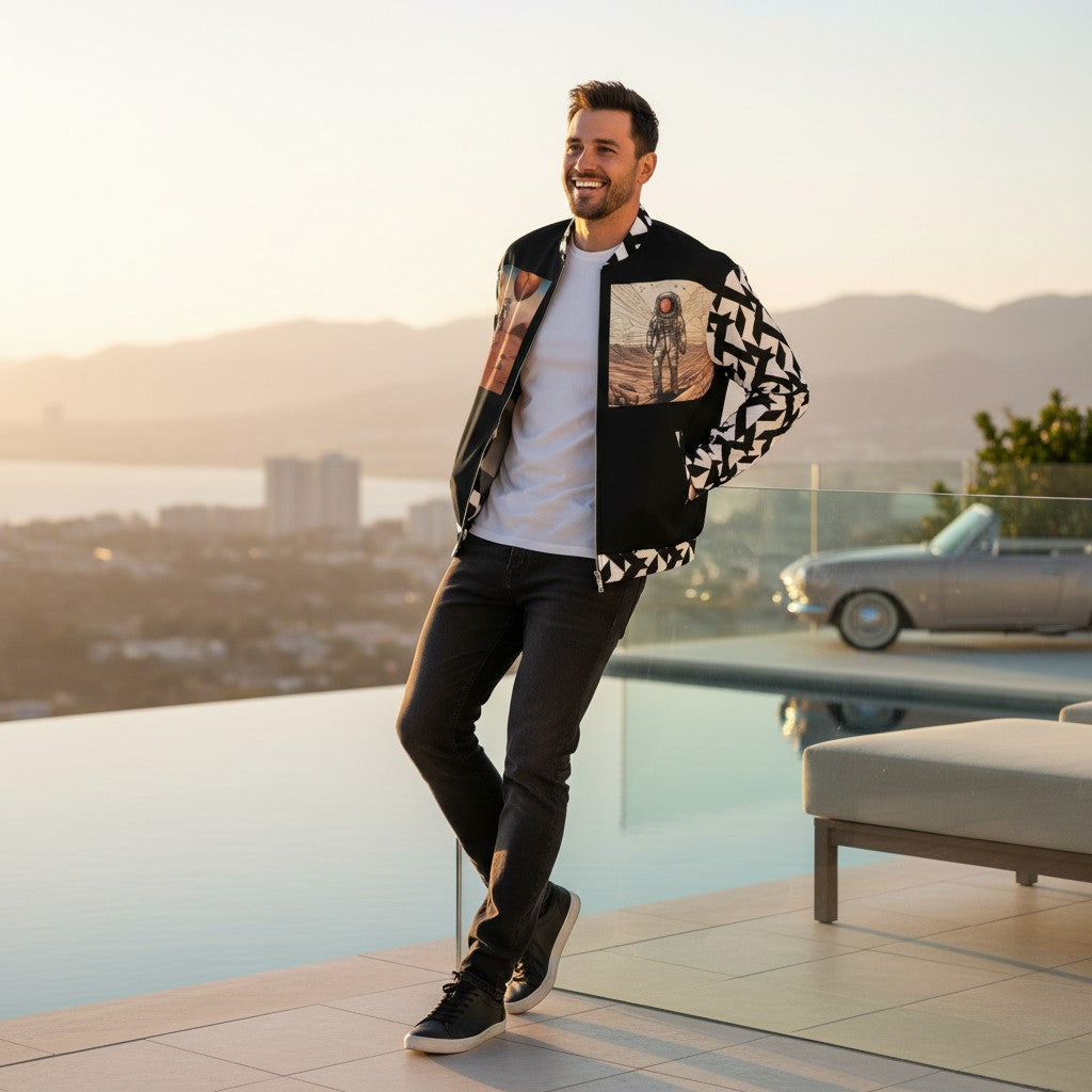 Good Wishes 365 unisex bomber jacket with moon landing print worn by a smiling man on a sunny terrace.