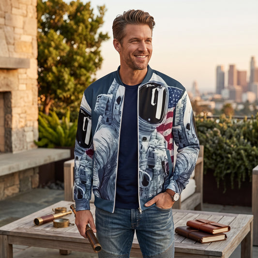 Good Wishes 365 unisex bomber jacket featuring a moon landing graphic print with a silver zipper and brushed fleece lining
