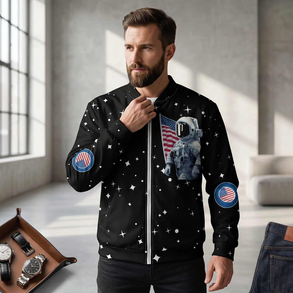 Good Wishes 365 black bomber jacket with moon landing astronaut graphic, star pattern, and American flag sleeve patches.