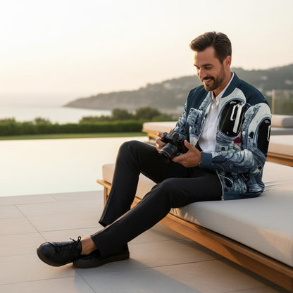 Good Wishes 365 unisex bomber jacket with moon landing print worn by a man holding a camera by a pool at sunset