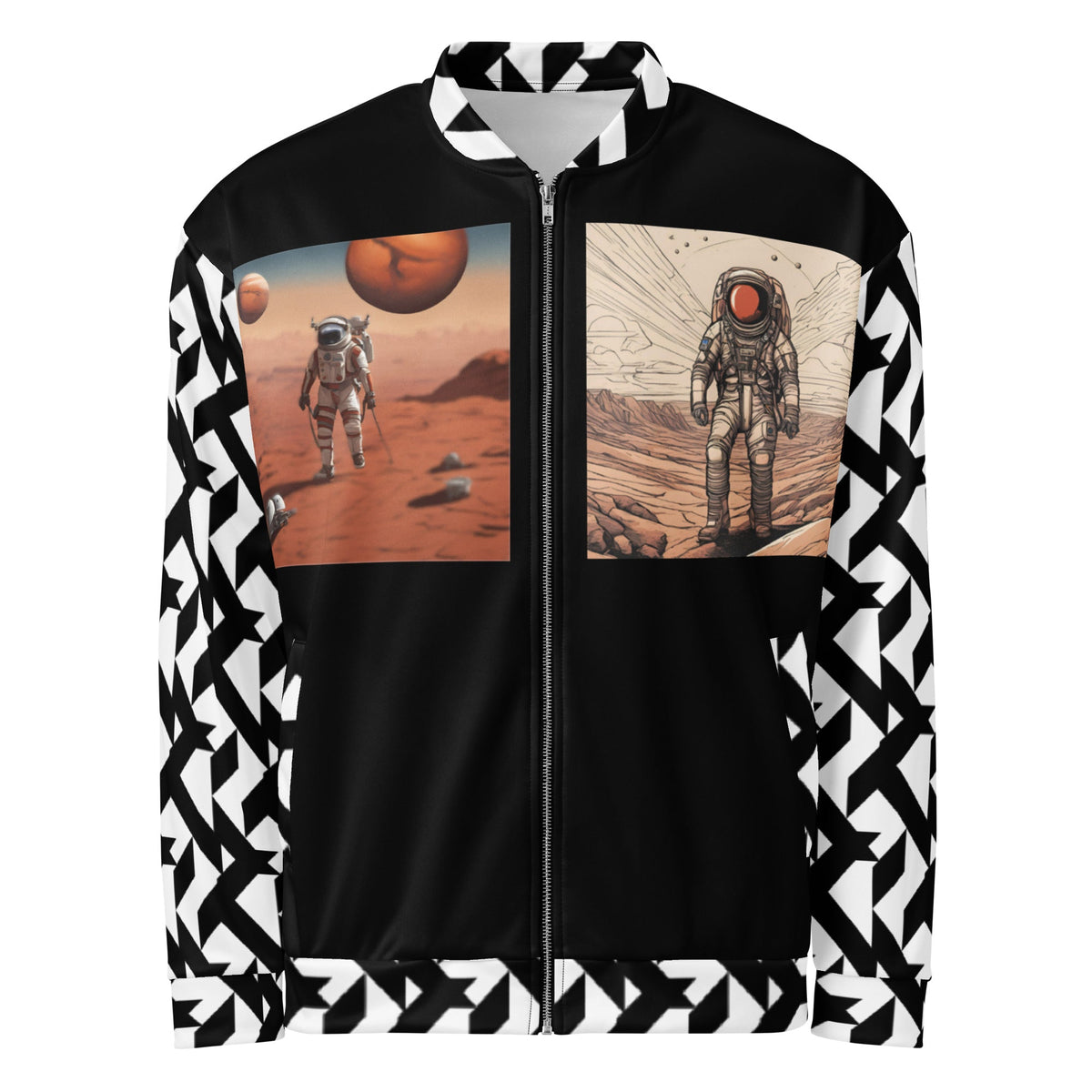 Good Wishes 365 unisex bomber jacket featuring moon landing astronaut graphics and black and white geometric sleeves.