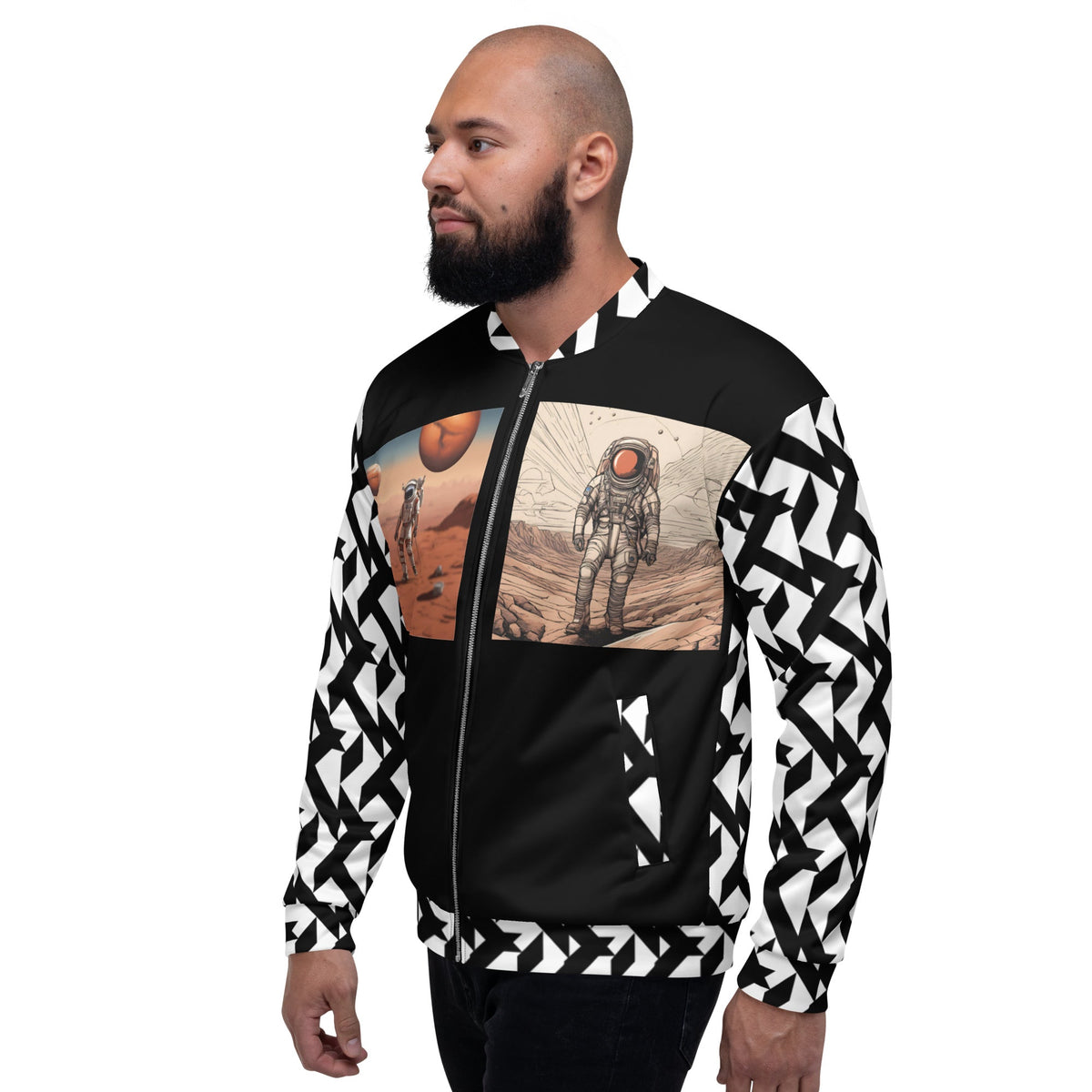 Good Wishes 365 unisex bomber jacket featuring a moon landing astronaut graphic and black and white geometric sleeves.