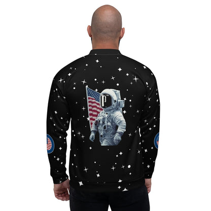 Good Wishes 365 unisex bomber jacket featuring a retro moon landing astronaut graphic on a black star-patterned back.