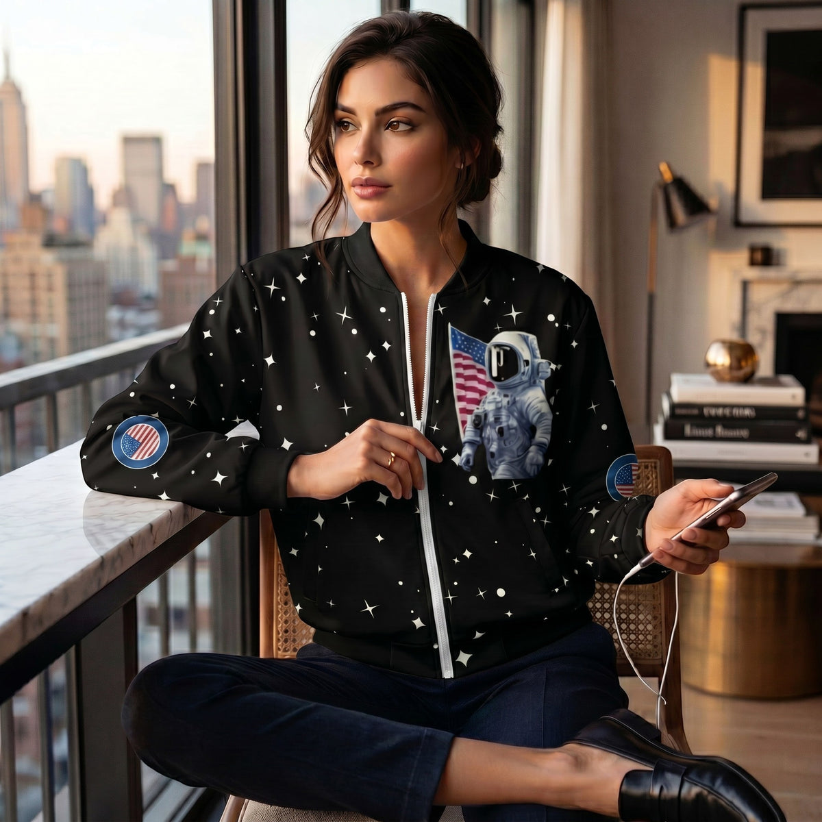 Good Wishes 365 black bomber jacket with moon landing astronaut print, silver zipper, and brushed fleece interior.