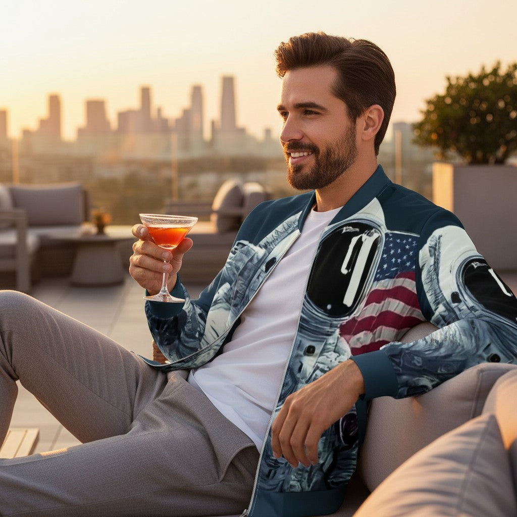 Good Wishes 365 unisex bomber jacket with moon landing print, worn by a man holding a cocktail on a city rooftop.