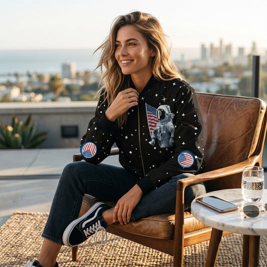 Good Wishes 365 unisex bomber jacket featuring a retro moon landing print, worn by a smiling woman on a balcony.