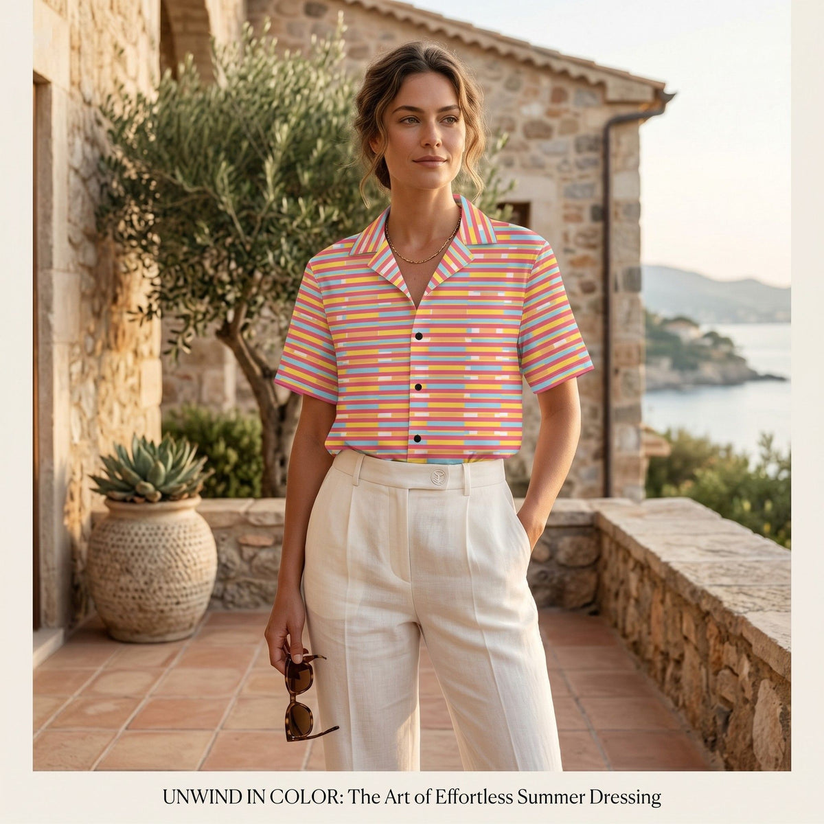 Good Wishes 365 multicolor striped short sleeve button-up shirt with camp collar worn by a woman on a stone terrace.