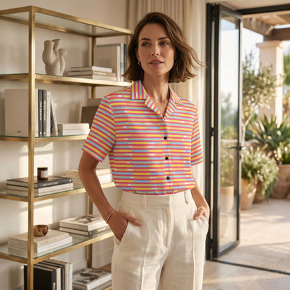 Good Wishes 365 multicolor striped short sleeve button-up shirt with a camp collar worn by a woman with white trousers.