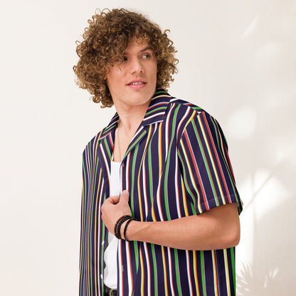 Good Wishes 365 multicolor vertical striped short sleeve button-up shirt with UPF50+ protection on a curly-haired model