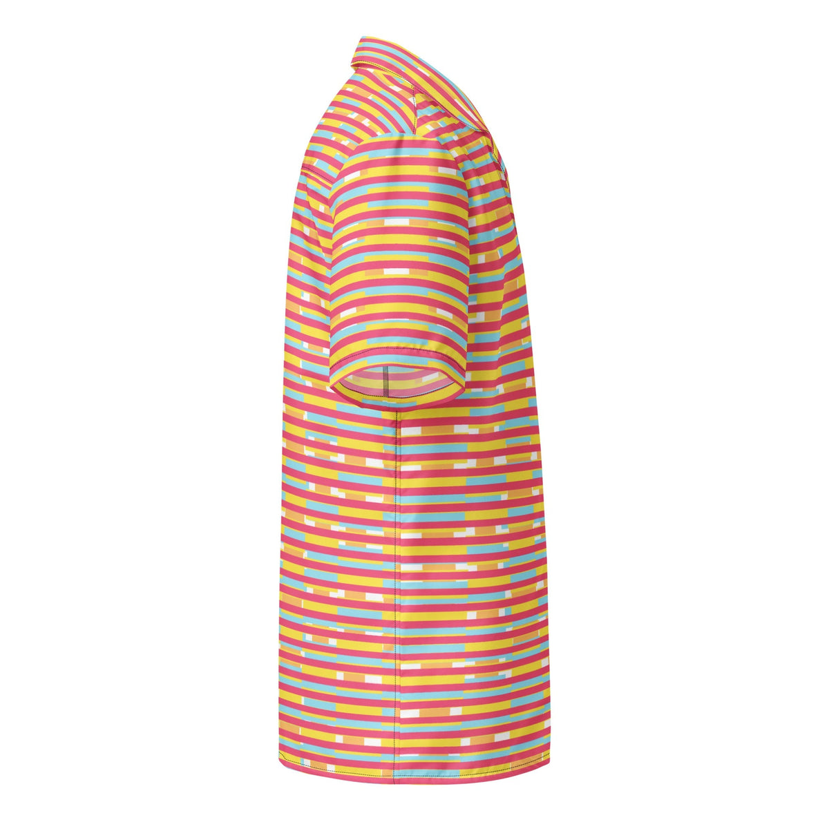 Good Wishes 365 dark pink multicolor striped short sleeve button-up shirt with a camp collar in a side view.