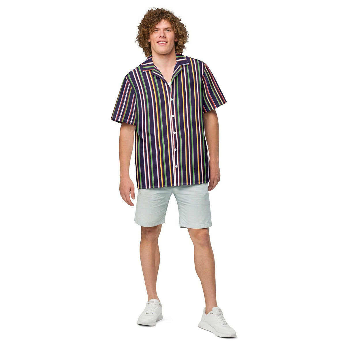 Good Wishes 365 multicolor striped short sleeve button-up shirt with UPF50+ protection worn by a curly-haired man.