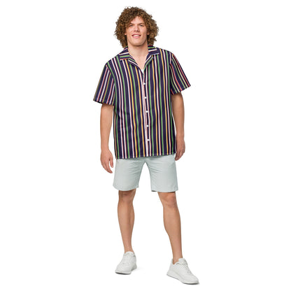 Good Wishes 365 multicolor striped short sleeve button-up shirt with UPF50+ protection worn by a curly-haired man.