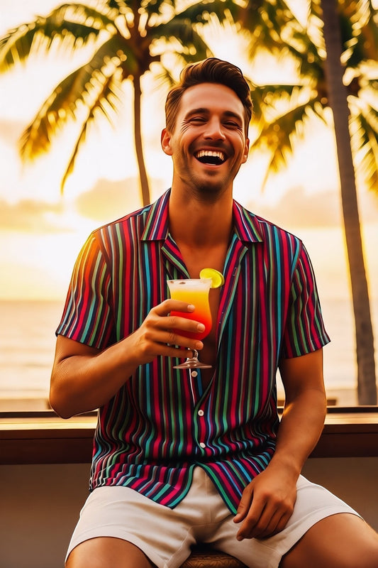 Good Wishes 365 multicolor striped button shirt worn by a smiling man holding a cocktail at sunset on a beach