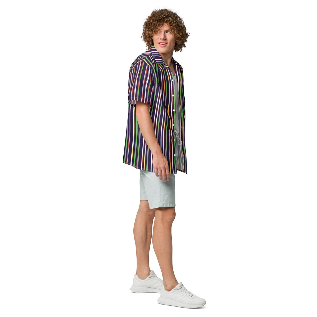Good Wishes 365 multicolor striped short sleeve button-up shirt with UPF50+ protection worn by a model in shorts