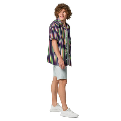 Good Wishes 365 multicolor striped short sleeve button-up shirt with UPF50+ protection worn by a model in shorts
