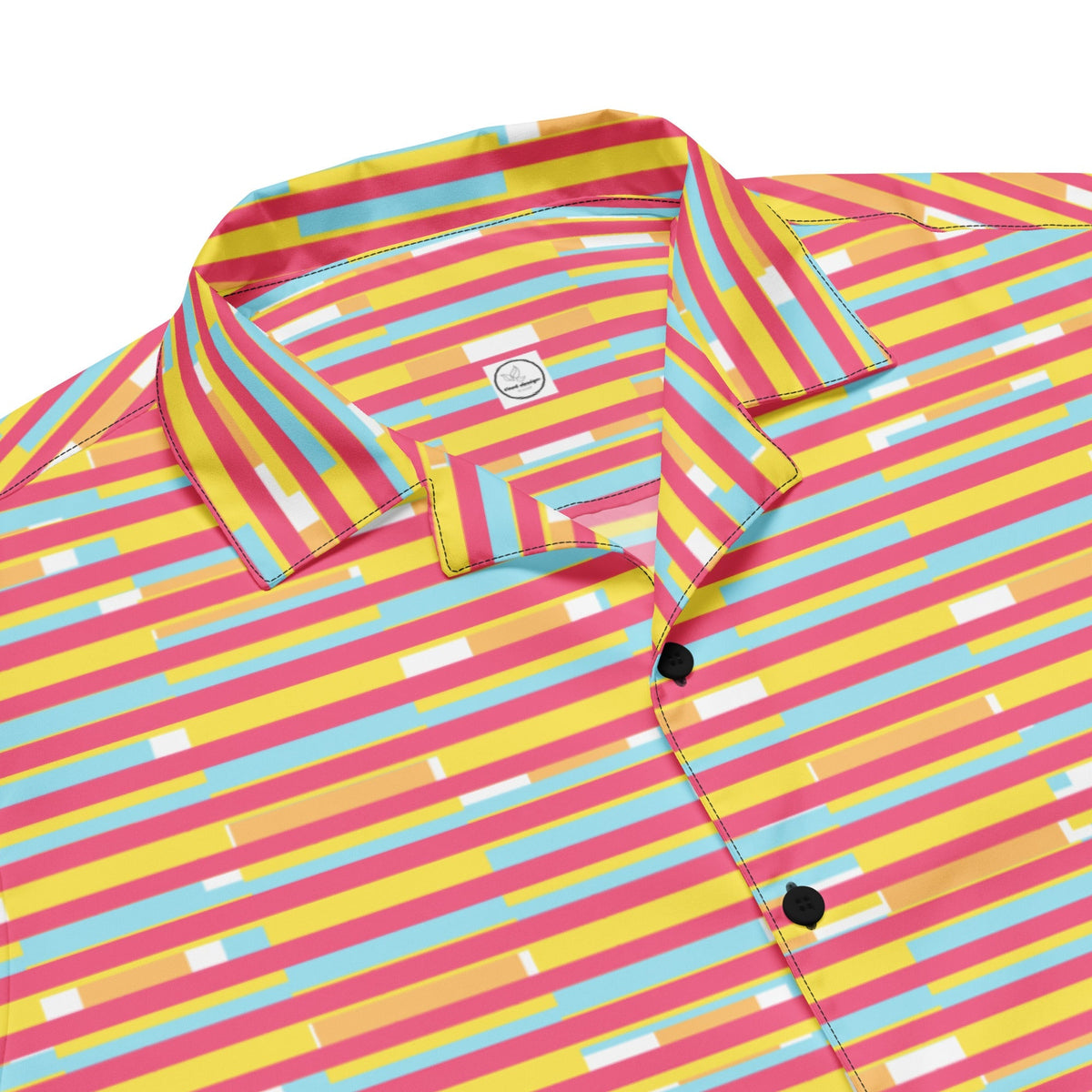 Good Wishes 365 dark pink, yellow, and blue striped short sleeve button-up shirt with a classic camp collar.