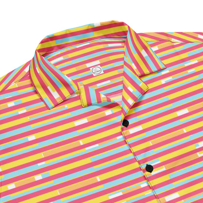 Good Wishes 365 dark pink, yellow, and blue striped short sleeve button-up shirt with a classic camp collar.