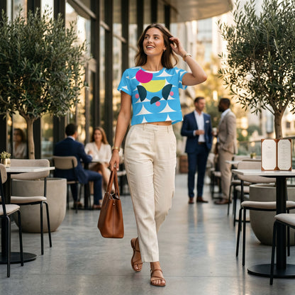 Good Wishes 365 crop tee in deep sky blue with mushroom print, worn by a woman walking on a city patio.
