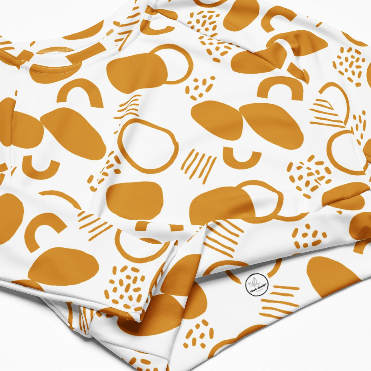 Good Wishes 365 mustard yellow and white abstract boho geometric print long-sleeve recycled fabric crop top