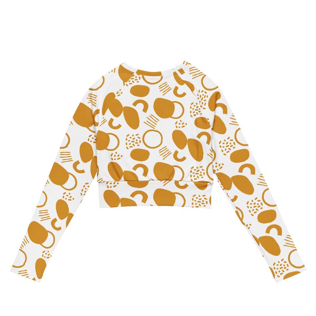 Good Wishes 365 mustard yellow and white abstract geometric print long-sleeve crop top with raglan sleeves, back view.