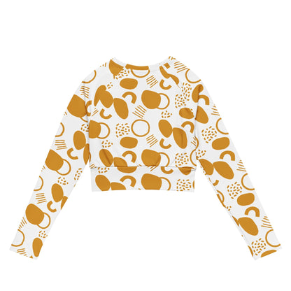 Good Wishes 365 mustard yellow and white abstract geometric print long-sleeve crop top with raglan sleeves, back view.