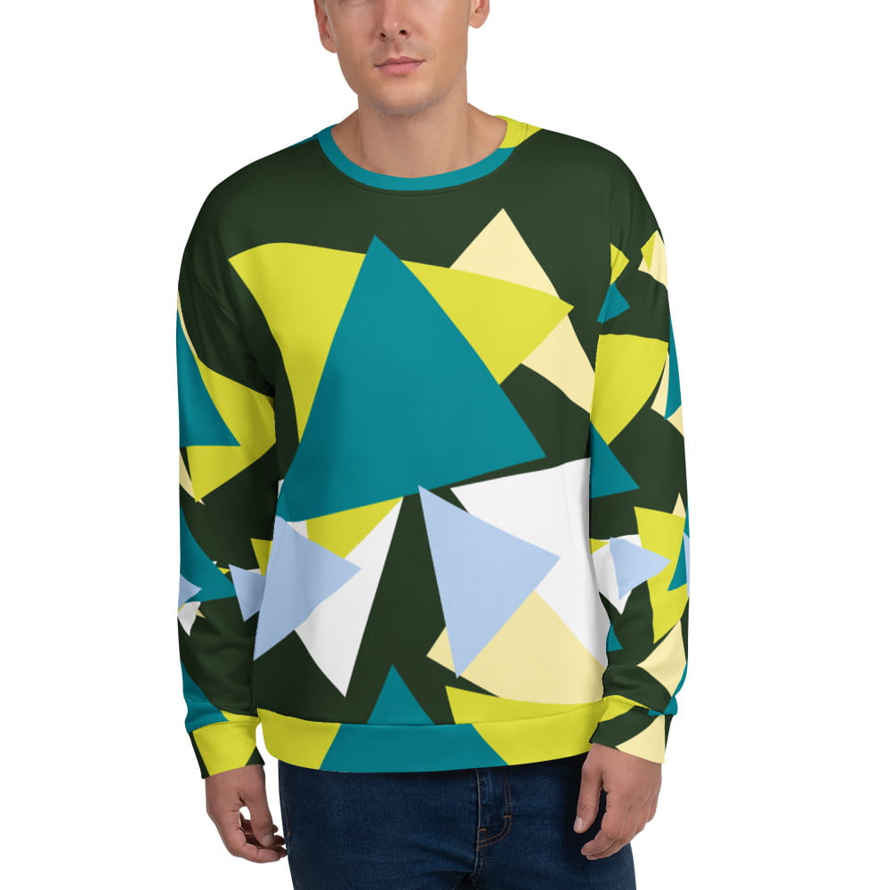 Good Wishes 365 unisex sweatshirt in myrtle green with an all-over abstract triangle print in lime, teal, and blue.